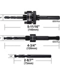 Pro Grade SDS Plus Hole Saw Mandrel Set with two arbors and central drill bits, showing sizes and SDS-Plus shank.