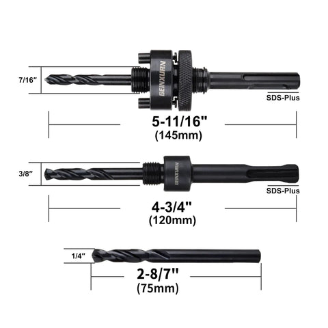 Pro Grade SDS Plus Hole Saw Mandrel Set with two arbors and central drill bits, showing sizes and SDS-Plus shank.