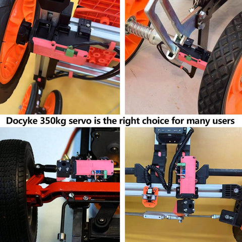 Beefy Torque RC Servo 350 Kg Cm Digital Full Metal Gear 360 Degrees installed on RC car wheels, showcasing versatility and power.