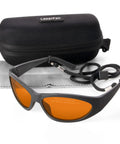 Pro Grade Laser Safety Glasses in orange tint with a carrying case and cleaning cloth, designed for Q Switched tattoo removal.