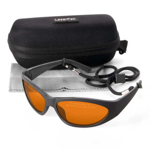 Pro Grade Laser Safety Glasses in orange tint with a carrying case and cleaning cloth, designed for Q Switched tattoo removal.