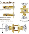 Dimensions of Antique Crystal Door Knob Set In Satin Brass For Interior Doors With Passage Function showing knob and latch sizes