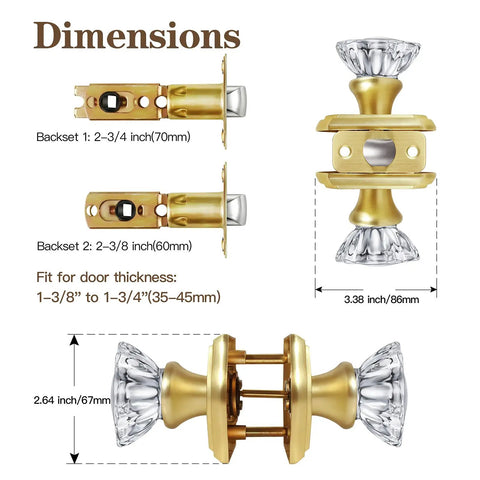 Dimensions of Antique Crystal Door Knob Set In Satin Brass For Interior Doors With Passage Function showing knob and latch sizes