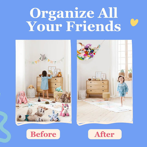 Two Pack Dope Stuffed Animal Hammock Net For Corner Storage holding plush toys, room tidy with plushie organizer before and after