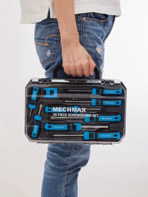 Person holding a case of "Magnetic Screwdriver Set 29 Piece With Assorted Bits Including Phillips Slotted Star Hex And Square Magnetizer Demagnetizer And Storage Case All In One Home Repair Hand Tool Kit For Quick Fixes And Everyday Projects"