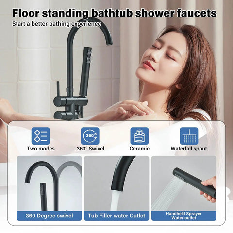 Dope Matte Black Freestanding Tub Filler Faucet With Shower And Handheld Sprayer Two Handle Floor Mount Stand Mixer