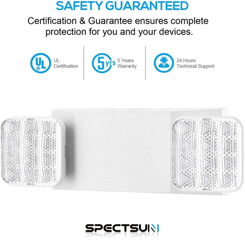 12 Pack Commercial LED Emergency Light With Dual Heads Hardwired Battery Backup For Power Outages shown with UL certification and warranty details.