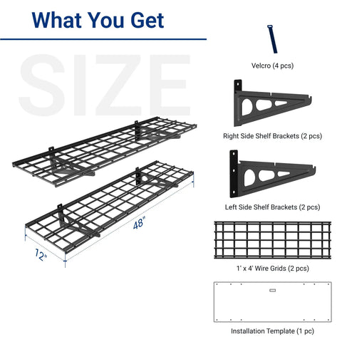 Two Pack 1x4 Foot Wall Shelf Garage Storage Rack Wall Mounted Floating Shelves Black Classic Series Heavy Duty Steel Construction Supports Up To 300 Lbs Total For Garage Pantry Kitchen Organization, 1x4 ft wire grid kit
