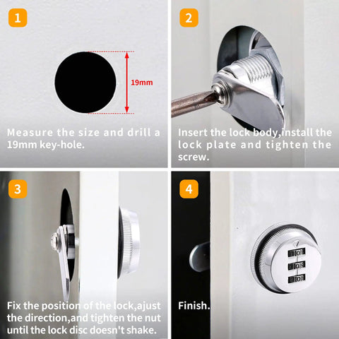Installation steps for Combo Cam Lock Security Locks Set Of Two With Three Digit Password Code, showing fitting and adjustment.