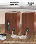 Back view of Bluetooth Bookshelf Speakers 40W X 2 with cable connections, showing powered and passive units on a wooden surface.