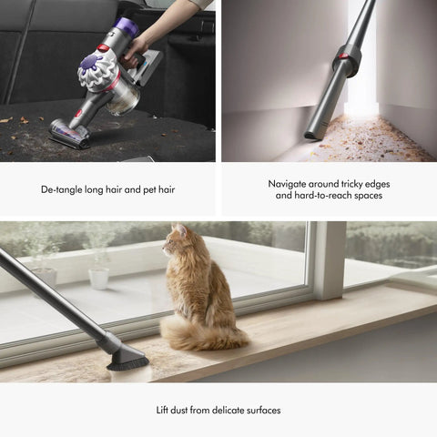 V8 Plus Cordless Vacuum Cleaner for Hard Floors and Carpets detangling pet hair, cleaning edges, and lifting dust near a window.