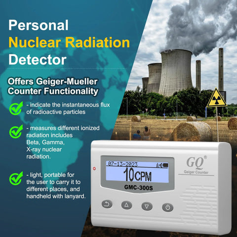 Front view of white GQ GMC-300S Geiger counter with LCD display showing 10 CPM.