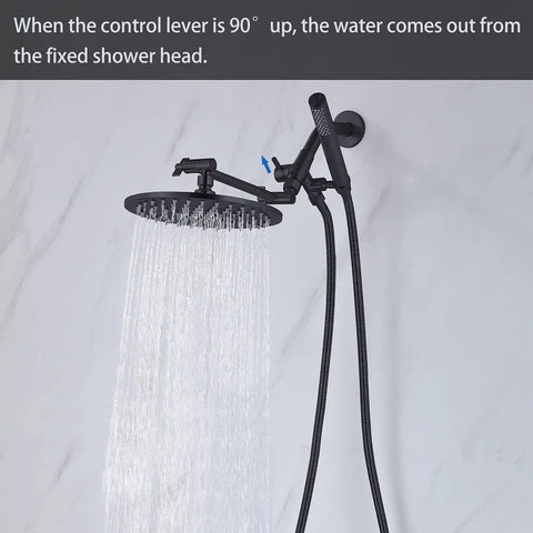 Beefy All Metal Dual Shower Head System With 8 Inch Rainfall Shower Head in use, matte black finish