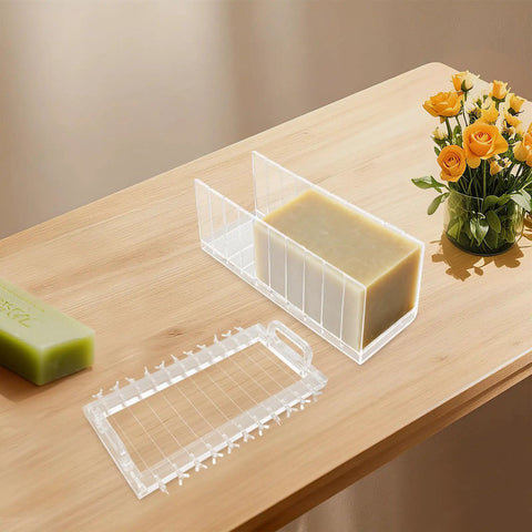 Acrylic Handmade Soap Loaf Cutter with ten compartments shown on wooden table, ideal for DIY soap craft and candle making.