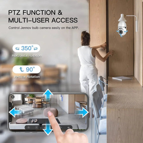 Person demonstrating PTZ function of 2K 3MP Light Bulb Security Camera with 360 degree view and smartphone app control.