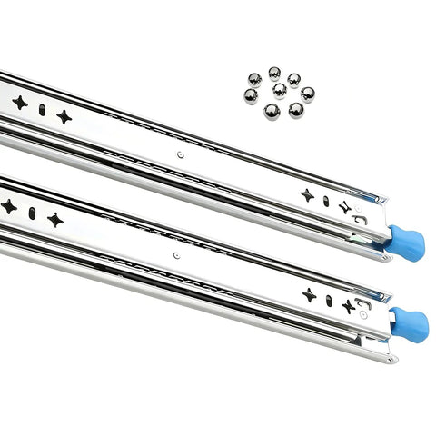 Top Shelf Full Extension Ball Bearing Drawer Slides Side Mount Track Replacement With Safety Lock For RV Camper And Garage Shelving Crafted Heavy Duty From Cold Rolled Steel 52 Inch, chrome glides with blue end caps.