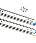 Top Shelf Full Extension Ball Bearing Drawer Slides Side Mount Track Replacement With Safety Lock For RV Camper And Garage Shelving Crafted Heavy Duty From Cold Rolled Steel 52 Inch close-up of chrome drawer slides and ball bearings.