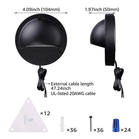 12 Pack 3CCT LED Low Voltage Deck Lights With Selectable 2700K 3000K 4000K Color Temp 12 To 36 Volt AC DC dimensions and cables