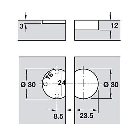 Technical diagram of Concealed 90 Degree Flap Lid Hinge For Wooden Cabinets And Cupboards With 30mm Cup Diameter Nickel Plated