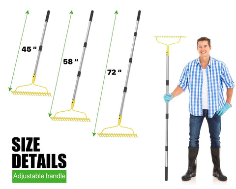 Heavy Duty Bow Rake For Leaves And Lawn Care, 6 Ft Metal Rake With 17 Tines And Stainless Steel Handle, adjustable sizes shown