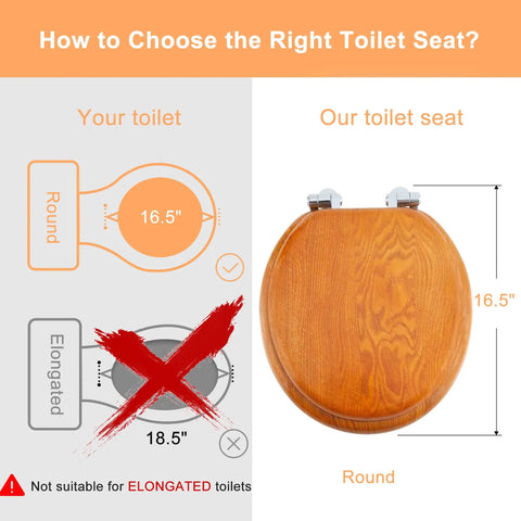 Diagram comparing round and elongated toilets with Wood Veneer Round Toilet Seat With Quiet Close Easy Clean Surface Quick Release Hinges Natural Finish Durable Comfy Easy Install Anti Slip Fits All American Toilet Brands.