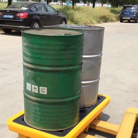 Heavy Duty 2 Drum Spill Containment Platform With Grating, Stackable Modular Spill Pallet, yellow and black, outdoor use