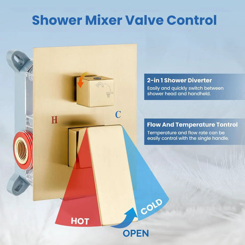 Brushed Nickel Ceiling Mount Rainfall Shower Head System With 10 Inch Square Head, Two Function High Pressure Shower Combo, Rough In Valve, Brass Handheld Shower Faucet Set showing shower mixer valve control with temperature settings.