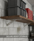 Easy Install Stainless Steel Shelf Bracket Wall Mount For Garage Kitchen Bathroom Storage 1 Pack No Fuss Setup Durable Heavy Duty Steel Bracket Supports Shelves Installs Fast And Keeps Your Space Tidy showing box storage on wooden shelf.