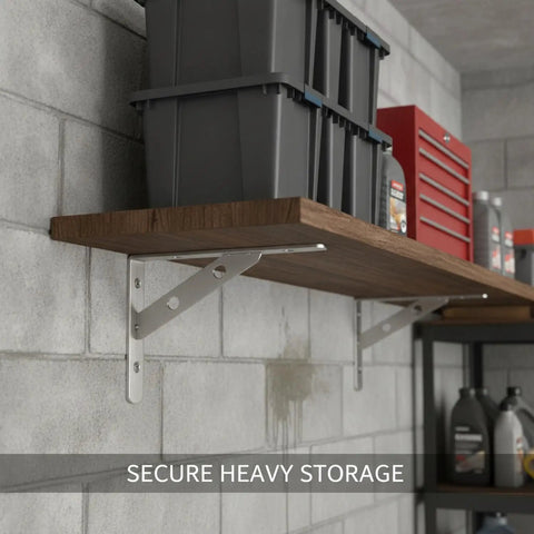 Easy Install Stainless Steel Shelf Bracket Wall Mount For Garage Kitchen Bathroom Storage 1 Pack No Fuss Setup Durable Heavy Duty Steel Bracket Supports Shelves Installs Fast And Keeps Your Space Tidy showing box storage on wooden shelf.