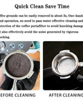 Kick Your Espresso Game Up With This Electric Portafilter Cleaner That Ejects Used Grounds, Includes Built In Knock Box, Dual Scrapers, And Extra Brush Head For Quick, Hassle Free Cafe Cleanup showing before and after cleaning portafilter.