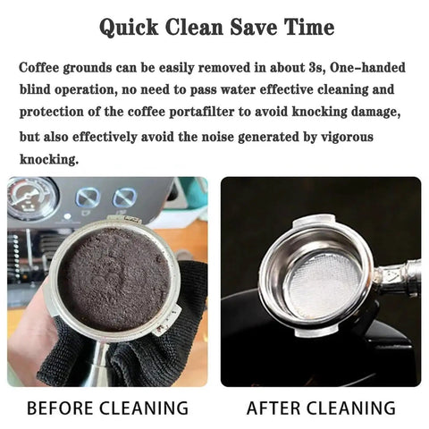 Pro Level Electric Portafilter Washer And Stainless Steel Knock Box With Scraper Brush Combo showing before and after cleaning coffee grounds.