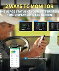 Man using Bluetooth app to monitor 48V Lithium Golf Cart Battery With Metal Case Conversion Kit on LCD display