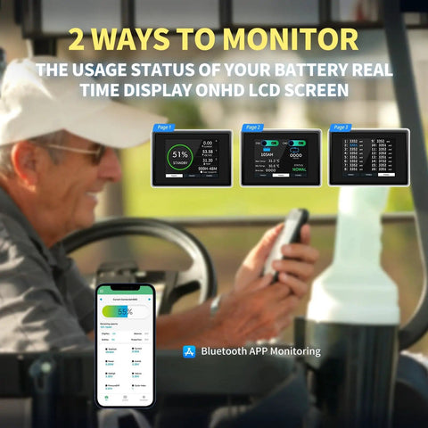 Man using Bluetooth app to monitor 48V Lithium Golf Cart Battery With Metal Case Conversion Kit on LCD display