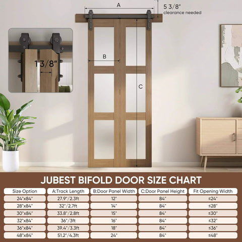 Bifold Glass Barn Door Kit 36 Inch With Hardware Included, Dope Three-Panel Glass Slab in living space showing size chart.