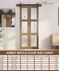 32 Inch Bifold Glass Barn Door Kit With Hardware Included, 3 Panel Solid Wood Slab With Frosted Glass, installed view with chart.