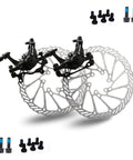 Heavy Duty Mountain Bike Mechanical Disc Brake Kit Featuring Double Piston Calipers And Premium Resin Pads with discs and mounting hardware.