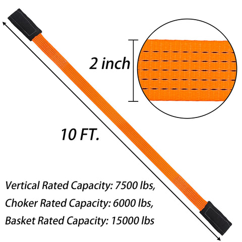 Two Pack 2 Inch By 10 Foot Heavy Duty Lifting Slings Nylon Web Slings 15,000 Lb Capacity Double Ply Winch Straps Orange diagram