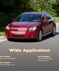 Image of a red sedan on a road with text mentioning compatibility for Chevy Malibu 2004-2012, Pontiac G6 2005-2010, and Saturn Aura 2007-2009.