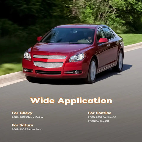 Image of a red sedan on a road with text mentioning compatibility for Chevy Malibu 2004-2012, Pontiac G6 2005-2010, and Saturn Aura 2007-2009.