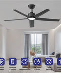 52 Inch Black Ceiling Fan With Light And Remote Control 3CCT Quiet DC Motor 5 Blade Modern Farmhouse Style in living room