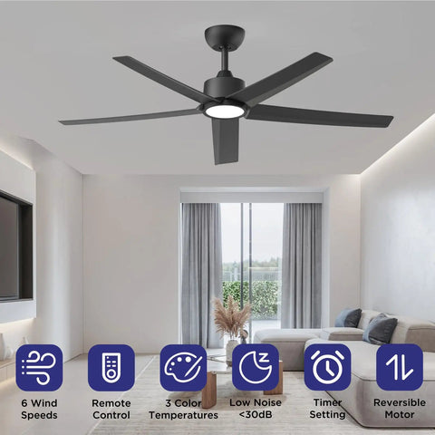 52 Inch Black Ceiling Fan With Light And Remote Control 3CCT Quiet DC Motor 5 Blade Modern Farmhouse Style in living room