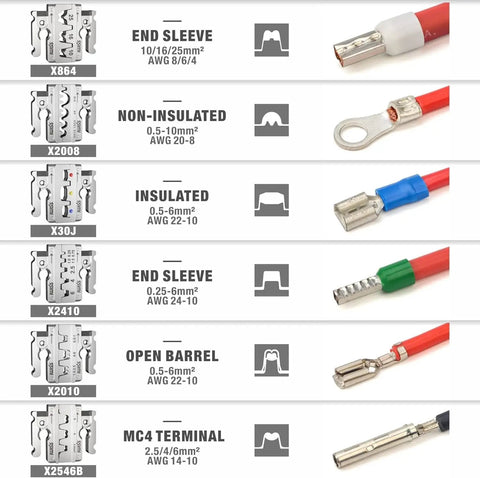 8 Piece Ratcheting Wire Crimping Tool Set With Quick Change Dies For Insulated Heat Shrink And Non Insulated Terminals Battery Cable Lugs IWS4 Solar Connectors Ferrules And Built In Wire Stripper