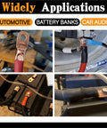 Ultimate Battery Terminal Kit With 240 Pcs Copper Ring Lugs and Crimp Connectors for AWG 8 to 4/0 Gauge installed on cables.
