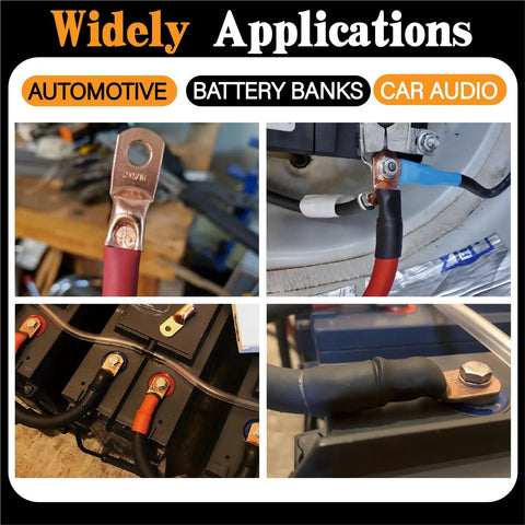 Ultimate Battery Terminal Kit With 240 Pcs Copper Ring Lugs and Crimp Connectors for AWG 8 to 4/0 Gauge installed on cables.