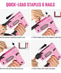 Instructions for loading a Pink Cordless 4V Electric Staple Gun 2 In 1 Stapler And Brad Nailer USB C Rechargeable
