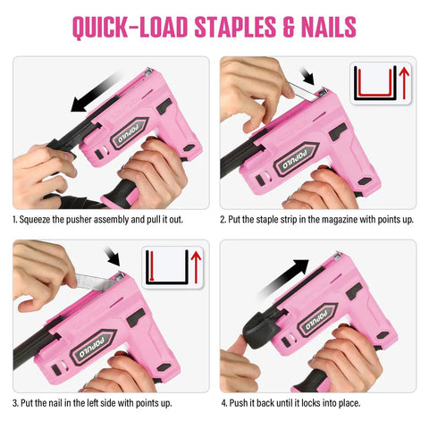 Instructions for loading a Pink Cordless 4V Electric Staple Gun 2 In 1 Stapler And Brad Nailer USB C Rechargeable