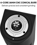 Rock Solid Single Dose Coffee Grinder With Brawny 38 Mm Conical Burrs And Butter Smooth Stepless Dial For Bold Espresso Pour Over Pulls Low Retention Anti Static Frame In Matte Black close-up of 38mm CNC conical burr for precision grinding.