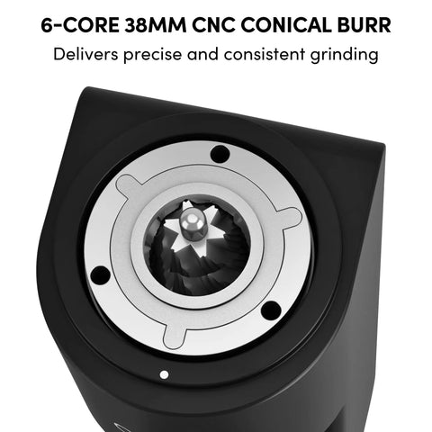 Rock Solid Single Dose Coffee Grinder With Brawny 38 Mm Conical Burrs And Butter Smooth Stepless Dial For Bold Espresso Pour Over Pulls Low Retention Anti Static Frame In Matte Black close-up of 38mm CNC conical burr for precision grinding.
