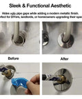 Before and after installation of Three Pack Self Adhesive Split Flange Covers Twenty Eight Millimeter on pipes.