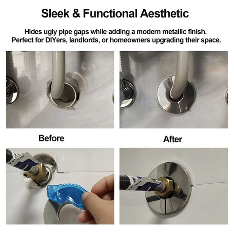 Before and after installation of Three Pack Self Adhesive Split Flange Covers Twenty Eight Millimeter on pipes.